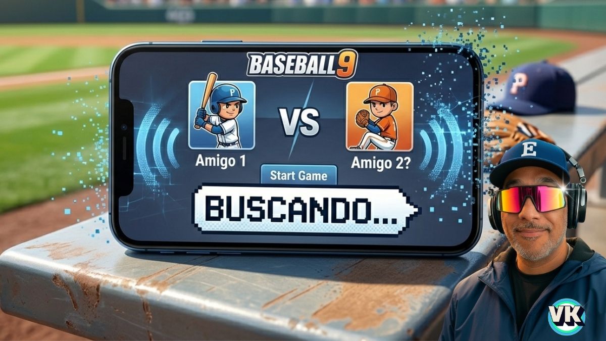 Ilustración conceptual de un partido multijugador en Baseball 9 online con dos jugadores enfrentándose.